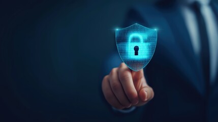Cyber security shield with open padlock icon on blue background man touching digital screen for data protection and network safety concepts