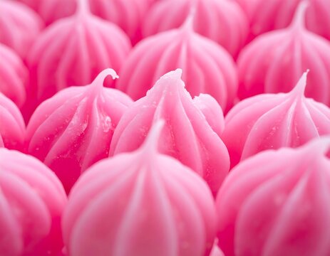 Close-up of numerous, softly lit, stylized pink objects with a unique, textured design