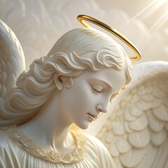 An ancient marble sculpture of a guardian angel with golden wings features a serene face and stone figure, representing a religious work of art reminiscent of a Greek statue or antique cupid bust