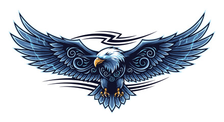 Obraz premium Illustration of a stylized eagle with glowing blue eyes and lightning-like accents on its wings.