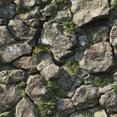 Rough jagged brown rock covered with dense patches of soft green moss seamless texture