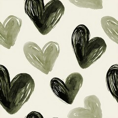 Seamless pattern of soft romantic watercolor hearts in deep sage palette with artistic freeform ink sketches