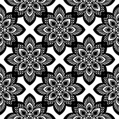 seamless pattern, black and white, monochrome, mandala, floral, lotus flower, repeating background, ornamental, decorative, oriental, Indian, ethnic, tribal, bohemian, boho, wallpaper, textile design,