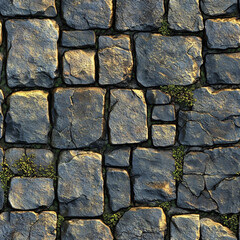 Rough cobblestone with tiny moss sprigs creating highlights seamless texture