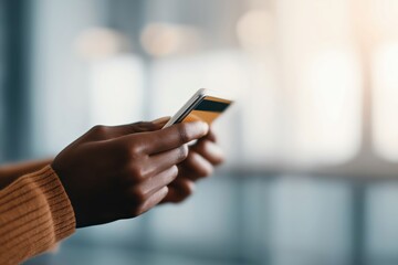 Mobile payment with credit card on smartphone by dark skinned hands in modern office for online shopping and banking transactions
