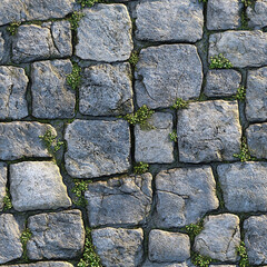 Rough cobblestone with tiny moss sprigs creating highlights seamless texture