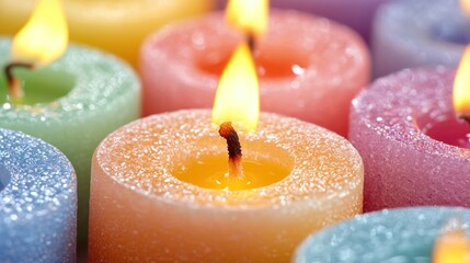 A colorful array of lit candles with a pastel color palette.