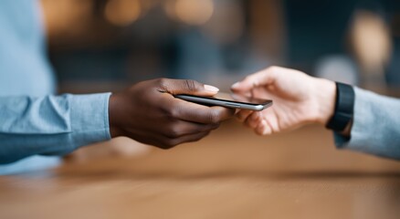 Diverse hands exchanging smartphone for mobile payment business transaction or digital transfer contactless technology and modern finance concepts
