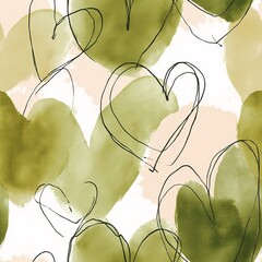 Seamless pattern of watercolor hearts in muted sage tones mixed with playful black doodle lines and organic shapes