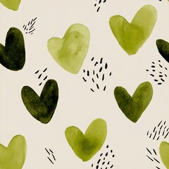 Seamless pattern of abstract olive green heart illustrations painted in layered watercolor style with modern simplicity
