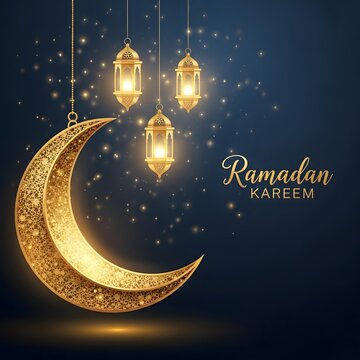 An elegant golden crescent moon and glowing lanterns illustration for ramadan kareem greeting