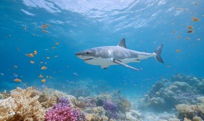 Fototapeta premium a large white shark in the center facing the camera, front top view, colorful coral reefs, many tropical fish