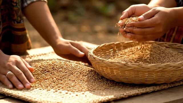 Farmers' hands sorting golden wheat grains, traditional harvesting method