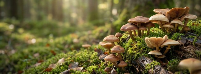 Sunlit Forest Floor with Wild Mushrooms and Moss