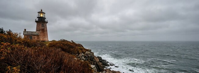 Historic Lighthouse on a Rugged Coast Under a Moody Sky