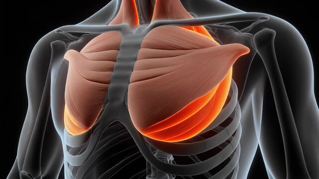 Anatomical 3D animation of human chest muscles, pectoral and diaphragm, highlighting subcostal region