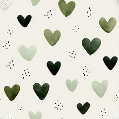 Seamless pattern of minimal olive heart designs created with hand drawn ink strokes and watercolor wash effects