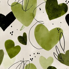 Seamless pattern of romantic watercolor hearts in earthy green palette contrasted with expressive ink detailing