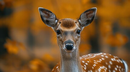 Obraz premium A close-up portrait of a young deer with spotted fur, gazing directly at the camera against a soft autumnal forest backdrop.