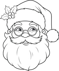 Santa Claus Face Line Art with Glasses and Holly Black and White Vector Illustration