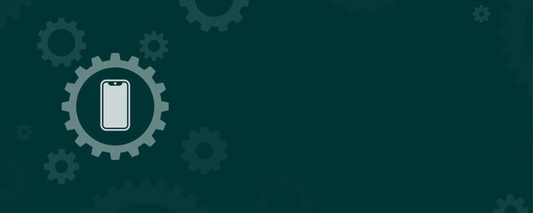 Smartphone mobile phone icon inside gear wheel on dark green background vector banner with copy space