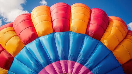A vibrant, colorful hot air balloon against a clear blue sky with fluffy white clouds.