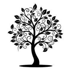 Obraz premium Elegant Silhouetted Tree Graphic with Swirling Branches and Ornate Leaves