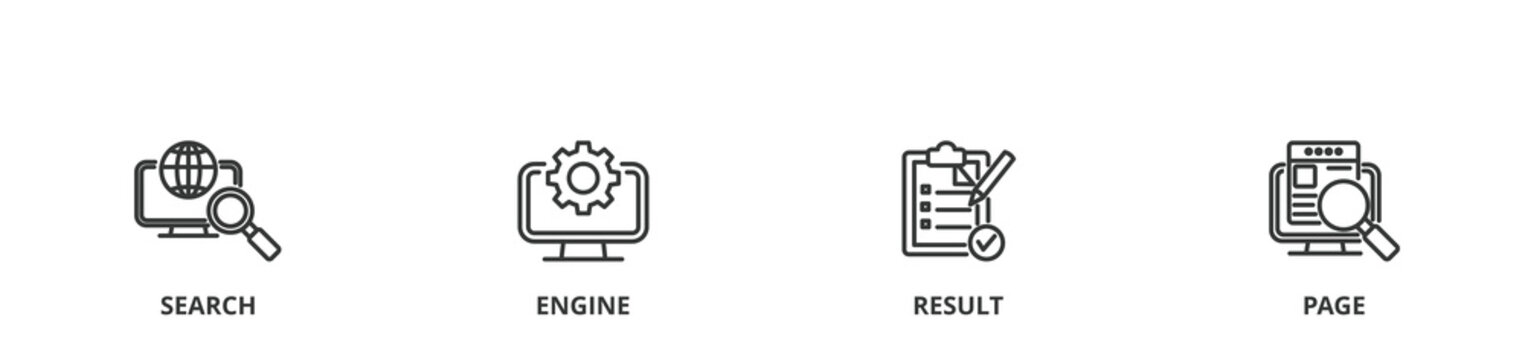 SERP banner vector illustration concept for search engine result page with icon of web search, computer, search engine, mobile search, page result, and statistics graph