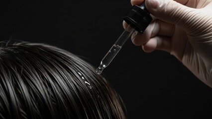 A professional hair care treatment: applying serum with a dropper to dark hair