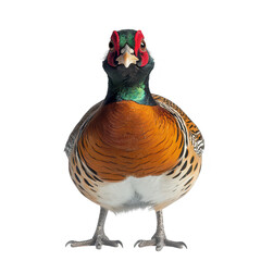 Fototapeta premium A and colorful close-up of a male pheasant its striking plumage. standing proudly against a plain background. highlighting its natural beauty and unique features