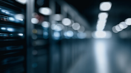 A dimly lit server room with blurred lights, evoking a sense of technological complexity and data processing.