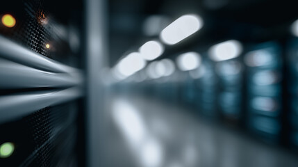 An abstract perspective of the futuristic data center, showcases the server racks in a narrow hallway with a blurred background.