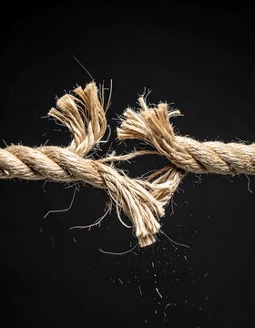 Close-up of frayed, broken rope against a stark black backdrop. Coarse texture visible