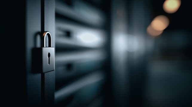 A close-up shot of a secure padlock hanging on a metal door of a server room, symbolizing the concepts of privacy, safety, and digital security. - Powered by Adobe