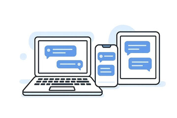 同期したチャットアプリを表示するPC・スマートフォン・タブレットを描いたミニマルなフラットデジタルイラスト