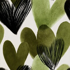 Seamless pattern of elegant sage green love hearts painted with subtle brush textures and fine abstract line sketches