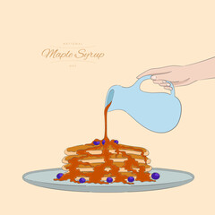 Pancake with maple syrup and blueberry topping vector illustration design. A plate of pancake drizzled with maple syrup, digital hand-drawn art. Perfect for posters, stickers, article and cooking book