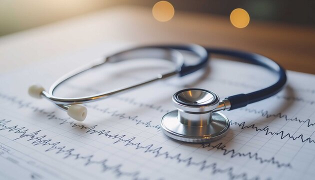 A stethoscope rests on an EKG report, symbolizing medical diagnosis and healthcare monitoring