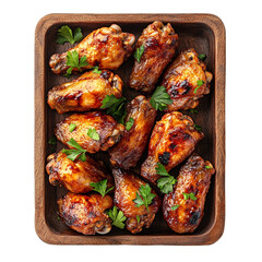 Top view of smoked chicken wings cold cut on a wooden tray studio shot isolated on a white transparent background