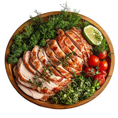 Top view of smoked turkey cold cut on a wooden tray studio shot isolated on a white transparent background