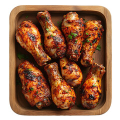Top view of spicy chicken drumstick cold cut on a wooden tray studio shot isolated on a white transparent background