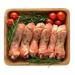 Top view of turkey drumstick cold cut on a wooden tray studio shot isolated on a white transparent background