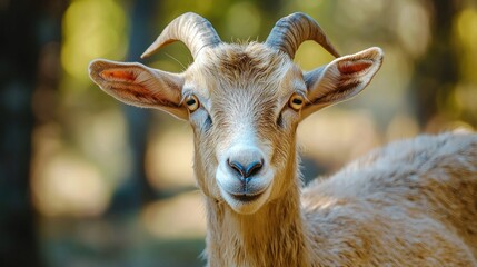 A goat with brown fur and white face, standing in a forest with green trees in the background.