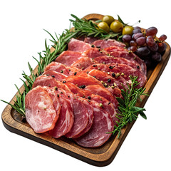 Top view of turkey pastrami cold cut on a wooden tray studio shot isolated on a white transparent background