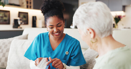 Caregiver, smile and medicine with senior woman for prescription, instructions and dosage. Happy,...