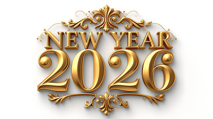 Happy New Year 2026 Golden 3D Typography Design, Luxurious Shiny Gold Metallic Text with Ornate Flourishes Isolated on White Background, Elegant Festive Holiday Celebration Greeting Card or Banner
