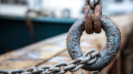 A rusty chain hanging from a boat's anchor.