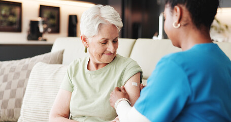 Doctor, old woman or help in home with bandage application for flu vaccine, healthcare or wellness. Nurse, elderly person or trust with immunity shot plaster, medical safety or protection from virus.