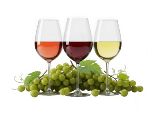 Three wine glasses with grapes isolated for tasting and beverage presentation in png transparent background