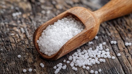 A wooden spoon with salt on a rustic wooden table.